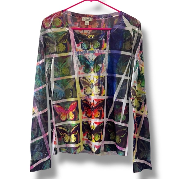 Vintage Y2K One World Butterfly Sheer Long Sleeve Mesh Top Women’s Size XL Fairy - Picture 1 of 16